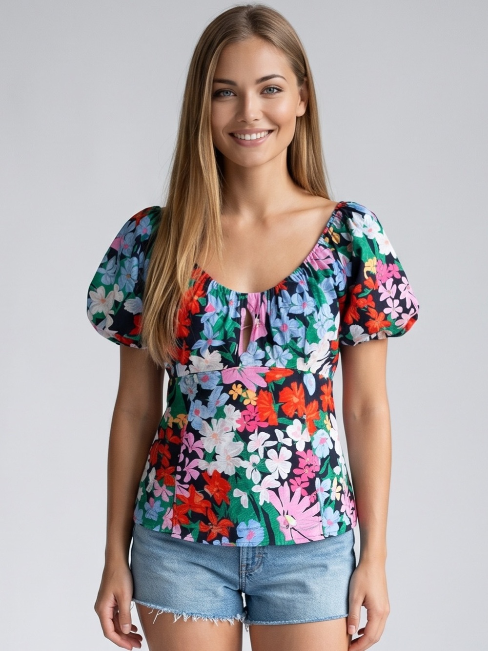 🌻 OLD NAVY Navy Floral Waist-Defined V-Neck Puff Sleeve Blouse Size XL